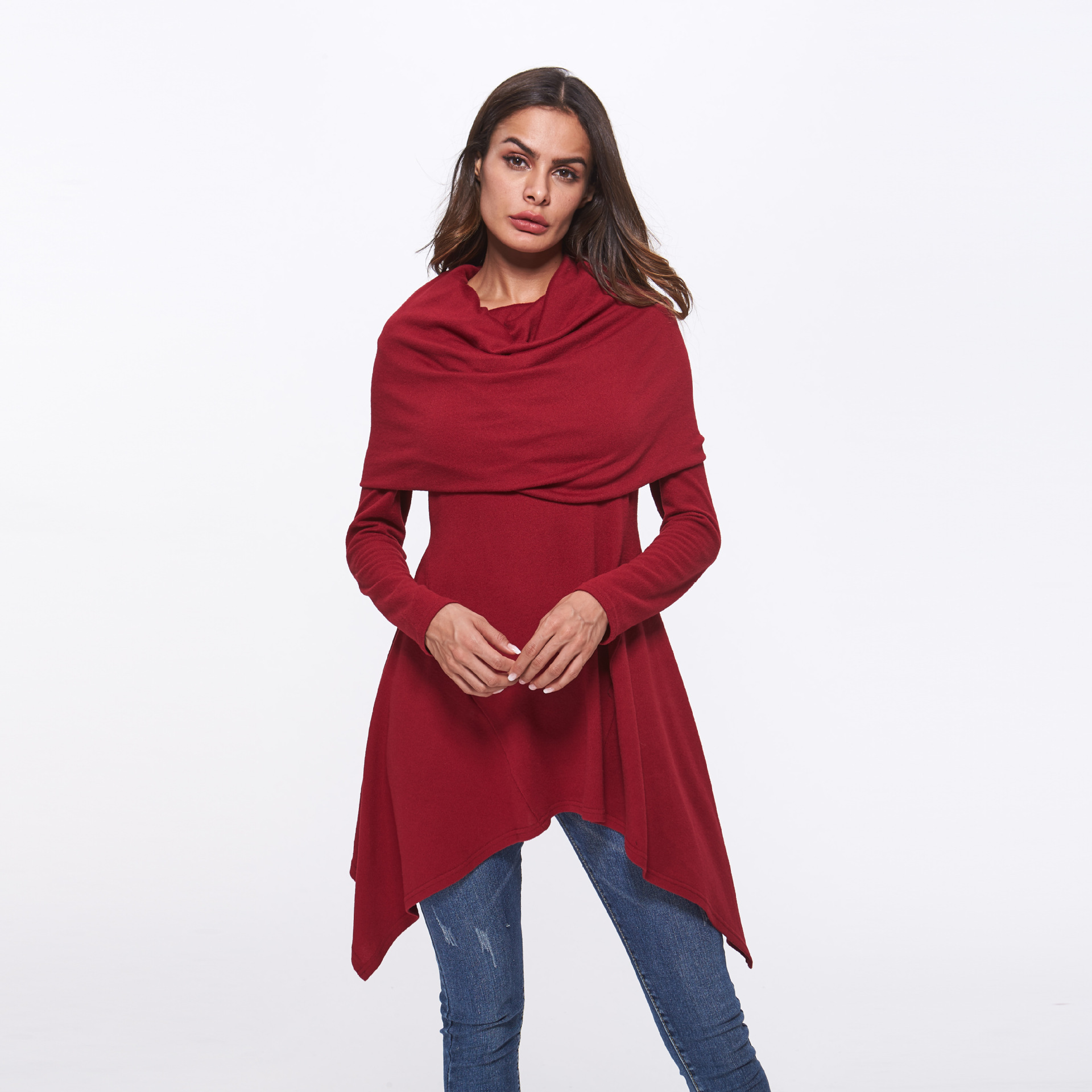 SZ60181-1 asymmetrical sweater dress for women cowl neck hooded knitwear